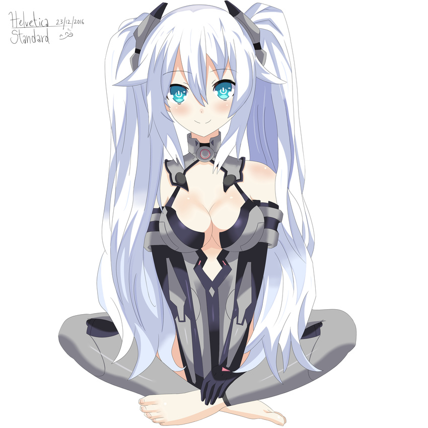 10s 1girl absurdres barefoot black_heart blue_eyes breasts choujigen_game_neptune cleavage cleavage_cutout female helvetica_5tandard leotard long_hair neptune_(series) noire solo symbol-shaped_pupils twintails very_long_hair white_hair