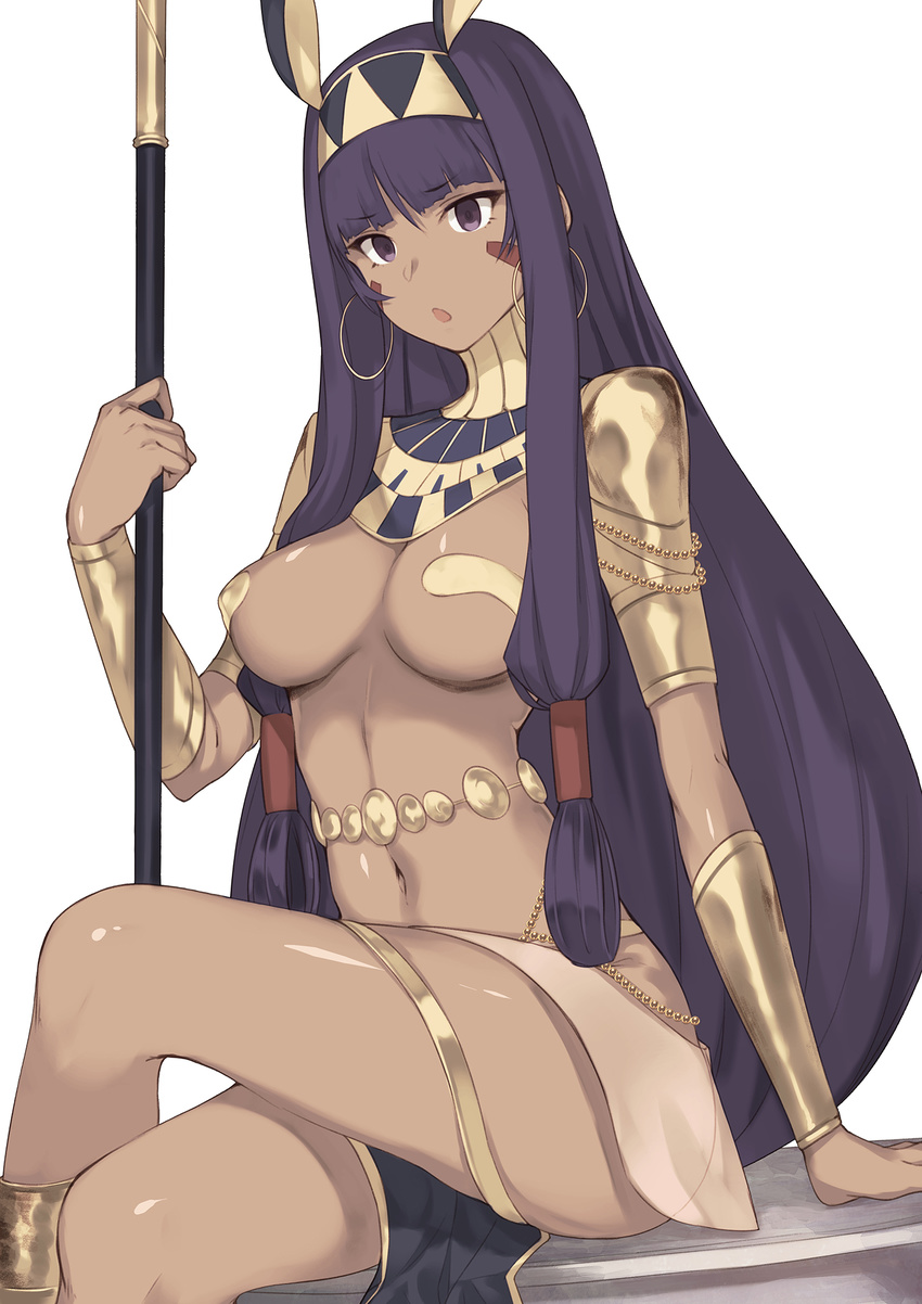 1girl armlet breasts dark_skin earrings egyptian egyptian_clothes empty_eyes facial_mark fate/grand_order fate_(series) hairband highres hoop_earrings ibuki_notsu jewelry legs_crossed loincloth long_hair looking_at_viewer medium_breasts navel nitocris_(fate/grand_order) purple_eyes purple_hair revealing_clothes sidelocks simple_background sitting solo stomach very_long_hair white_background