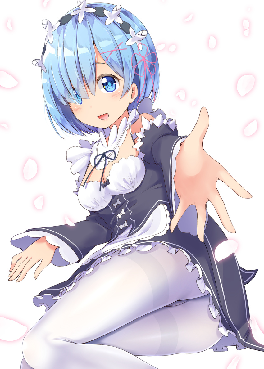 :d apron arm_support ass blue_eyes blue_hair breasts cleavage detached_sleeves dress frilled_dress frilled_sleeves frills gurande_(g-size) hair_ornament hair_over_one_eye highres looking_at_viewer lying maid maid_headdress on_side open_mouth outstretched_arm pantyhose petals re:zero_kara_hajimeru_isekai_seikatsu rem_(re:zero) short_hair small_breasts smile solo underbust white_background white_legwear x_hair_ornament