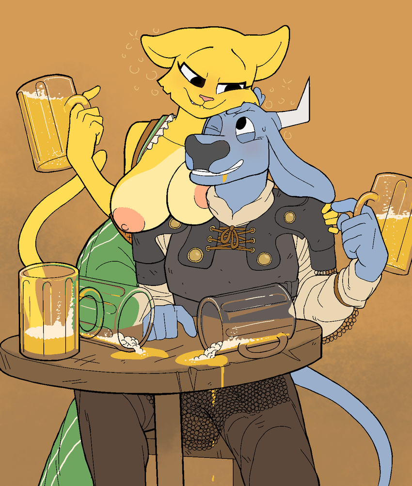 2017 alcohol anthro aodhan armor bartender beer beer_mug beverage big_breasts bitting_lip bovine breasts cattle chainmail clothed clothing digital_media_(artwork) drunk duo fan_character feline female flirting fur half-closed_eyes imminent_sex kaboozey katia_managan male male/female mammal nipples one_eye_closed prequel simple_background table the_elder_scrolls topless undressing video_games white_fur yellow_fur