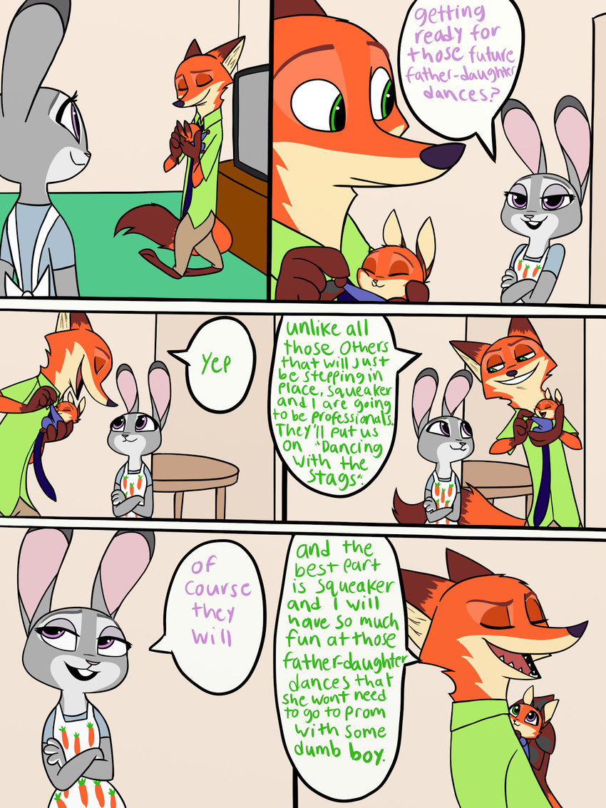 2017 4_fingers anthro canine clothed clothing comic cub daughter disney english_text father female fox fur heterochromia hi_res hybrid judy_hopps lagomorph male mammal mother nick_wilde parent rabbit size_difference skeletonguys-and-ragdolls speech_bubble standing text violet_(zootopia) young zootopia