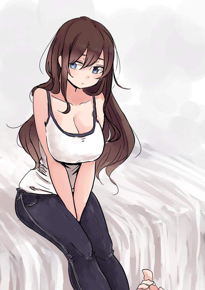 barefoot between_thighs blue_eyes breasts brown_hair camisole cleavage closed_mouth collarbone hair_between_eyes highres large_breasts long_hair looking_away on_bed original rucchiifu sitting solo