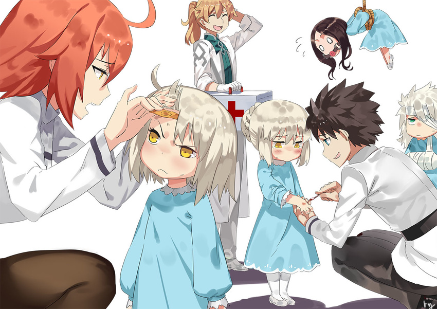 bandages bandaid black_hair blonde_hair blue_dress blush bound braid brown_hair character_request closed_eyes commentary_request dress fate/grand_order fate_(series) first_aid_kit french_braid fujimaru_ritsuka_(female) fujimaru_ritsuka_(male) gag gagged green_eyes jeanne_d'arc_(alter)_(fate) jeanne_d'arc_(fate)_(all) labcoat leonardo_da_vinci_(fate/grand_order) long_hair long_sleeves looking_at_another nanaya_(daaijianglin) open_mouth orange_hair pantyhose ponytail romani_archaman rope saber_alter shoes short_hair siegfried_(fate) sleeves_folded_up smile squatting standing tied_up white_background white_hair yellow_eyes younger