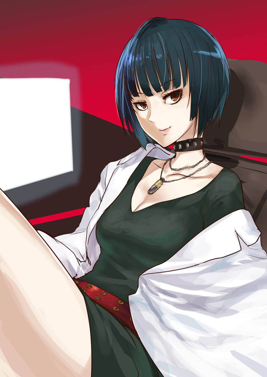 absurdres ao_(aocooler) black_hair breasts brown_eyes choker cleavage collarbone commentary_request highres jewelry labcoat looking_at_viewer medium_breasts necklace persona persona_5 short_hair sitting smile solo takemi_tae