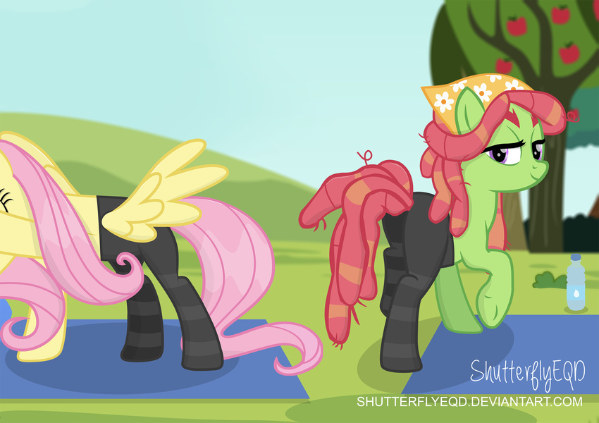2017 apple clothed clothing duo earth_pony equine feathered_wings feathers female feral fluttershy_(mlp) food friendship_is_magic fruit fur grass hair hi_res horse mammal my_little_pony outside pegasus pink_hair pony shutterflyeqd sky smile tree tree_hugger_(mlp) wings yellow_fur