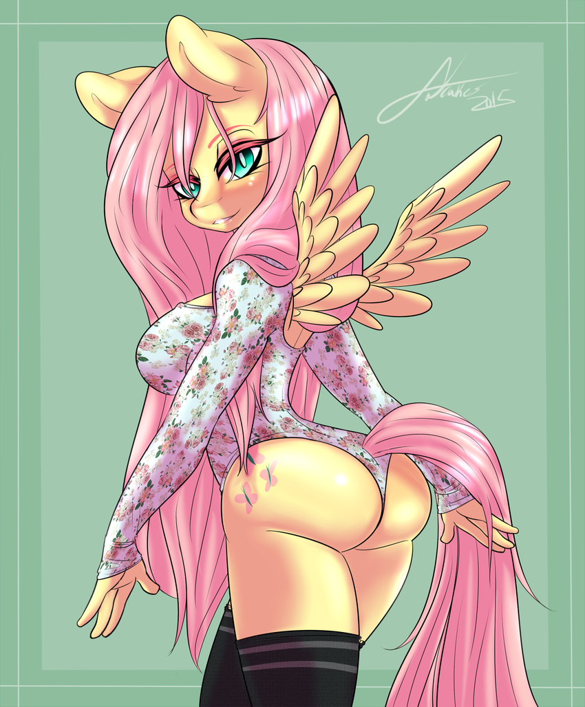 2015 anthro anthrofied butt clothing cutie_mark equine eyeshadow feathered_wings feathers female fluttershy_(mlp) friendship_is_magic hair hi_res legwear long_hair looking_at_viewer makeup mammal mrfatcakes my_little_pony pegasus pink_hair smile solo stockings wings yellow_feathers