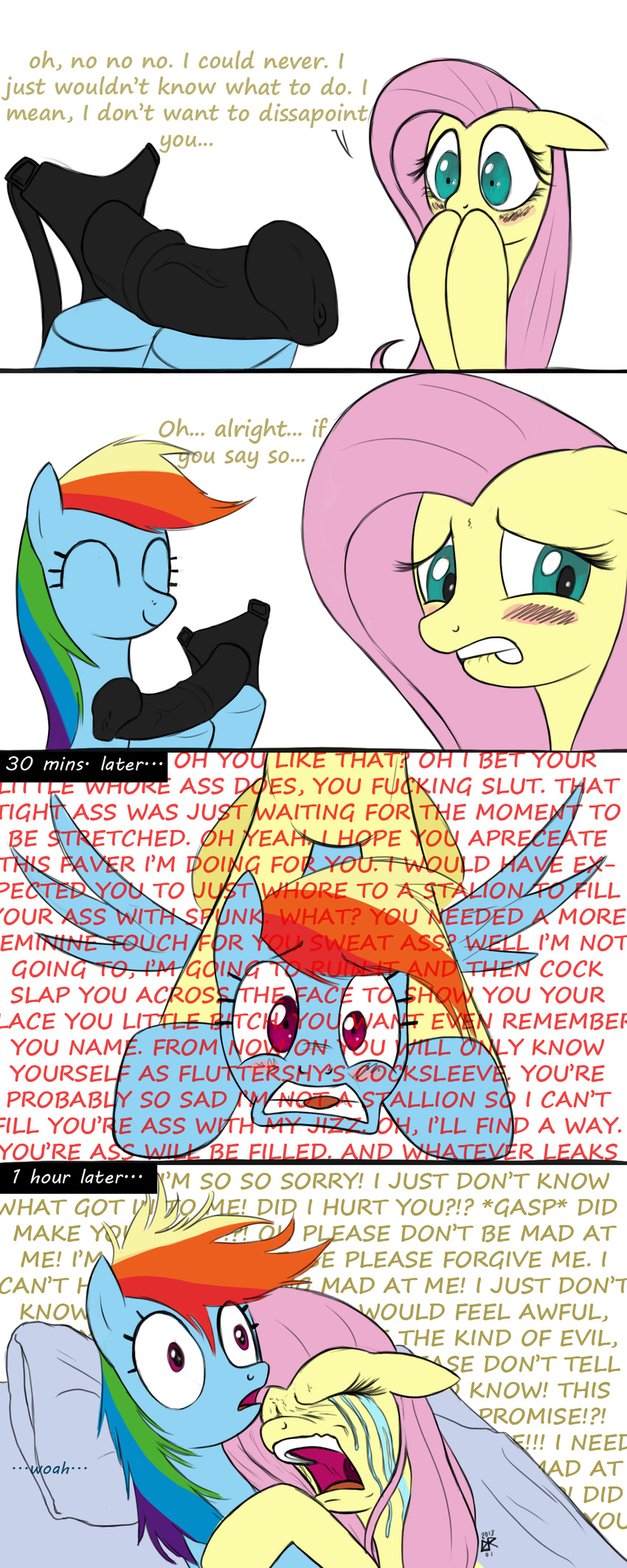 2013 after_sex ambiguous_penetration angry angry_sex biting_lip blue_fur blush comic crying dialogue dildo duo english_text equine eyes_closed feathered_wings feathers female female/female fluttershy_(mlp) friendship_is_magic from_behind_position fur hair hi_res horse ldr long_hair mammal multicolored_hair multiple_positions my_little_pony open_mouth pegasus penetration pillow pink_hair pony purple_eyes rainbow_dash_(mlp) rainbow_hair sex sex_toy simple_background smile strapon teal_eyes tears text wings yellow_feathers yellow_fur