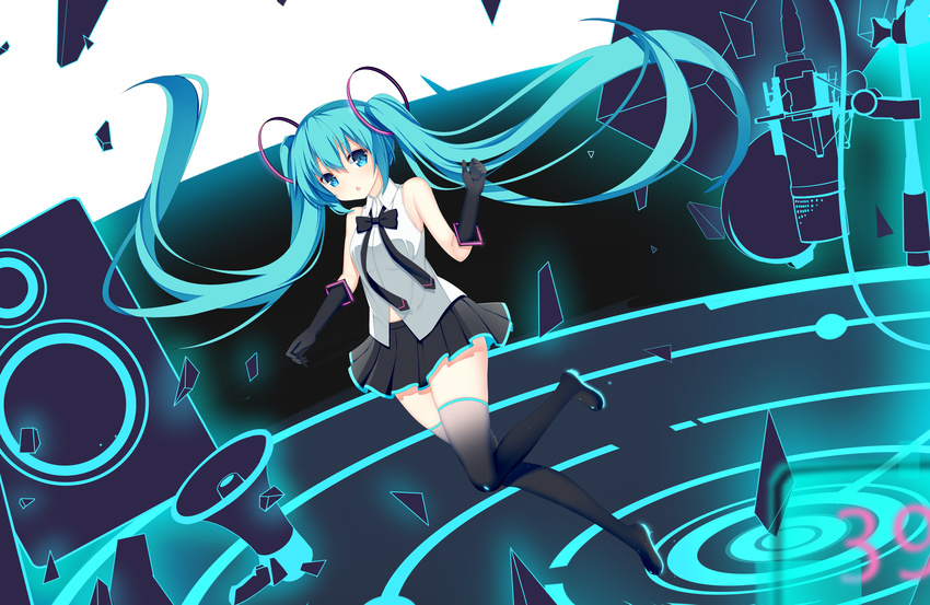 absurdres black_bow black_gloves black_legwear blue_eyes blue_hair blush bow chestnut_mouth elbow_gloves eyebrows_visible_through_hair gloves hatsune_miku highres jyt long_hair looking_at_viewer megaphone open_mouth solo subwoofer thighhighs twintails vocaloid