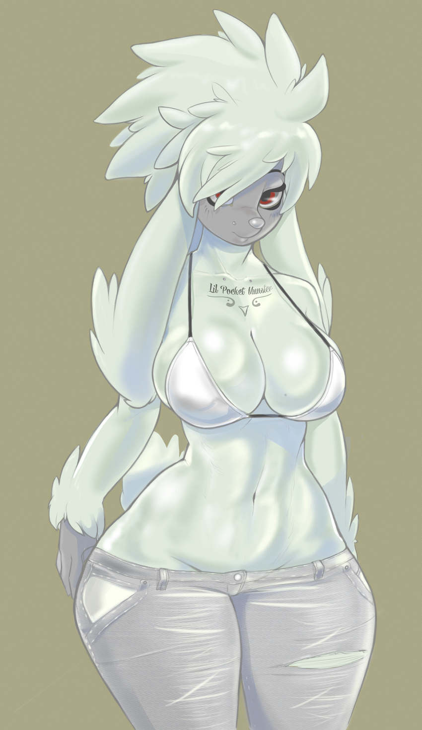 anthro anthrofied big_breasts blush bra breasts canine clothed clothing conditional_dnp dog female fur furfrou hi_res jeans mammal midriff navel nintendo pants piercing pok&eacute;mon red_eyes skimpy solo thick_thighs underwear video_games white_fur wide_hips xopachi
