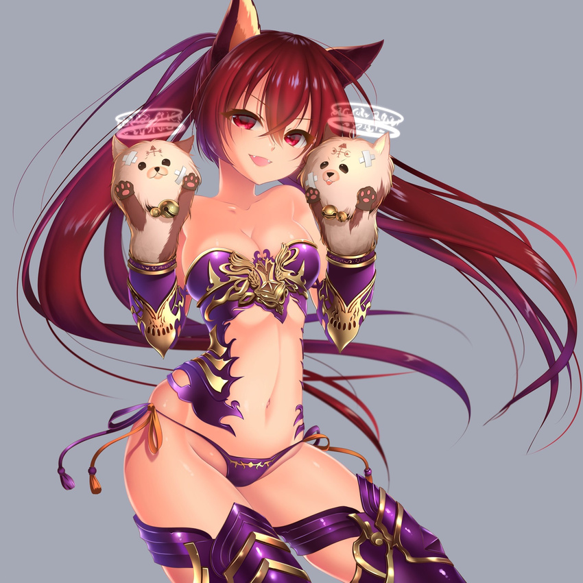 animal animal_ears armor bad_id bad_pixiv_id bell bell_collar bikini_armor blush breasts cat_ears cerberus_(shingeki_no_bahamut) cleavage collar eyebrows_visible_through_hair fangs highres holding holding_animal large_breasts long_hair looking_at_viewer navel open_mouth red_armor red_eyes red_hair shadowverse shingeki_no_bahamut smile solo twintails yuitanpo