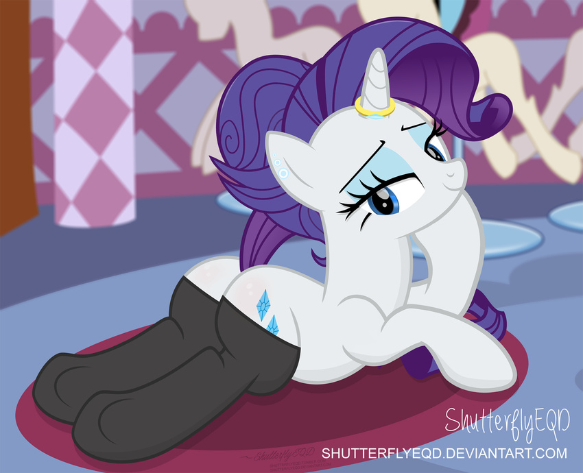 2017 bedroom_eyes blue_eyes clothing cutie_mark equine female feral friendship_is_magic hair half-closed_eyes hi_res horn inside looking_at_viewer looking_back mammal mannequin my_little_pony purple_hair rarity_(mlp) rear_view seductive shutterflyeqd smile solo unicorn unicorn_horn