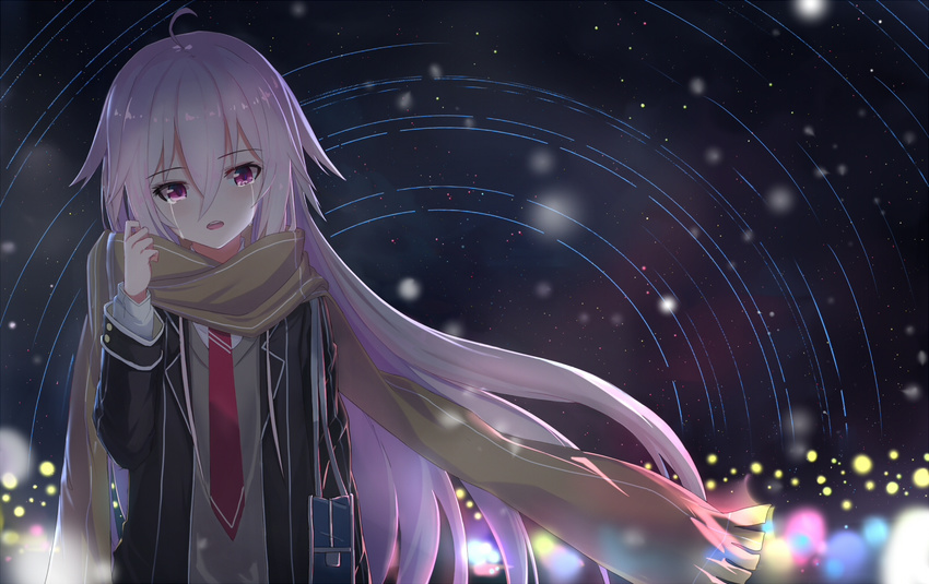 ahoge bad_id bad_pixiv_id bag brown_scarf crying crying_with_eyes_open echj eyebrows_visible_through_hair highres ia_(vocaloid) long_hair looking_at_viewer necktie night night_sky pink_eyes pink_hair red_neckwear scarf school_bag sky solo star_(sky) starry_sky tears uniform vocaloid winter