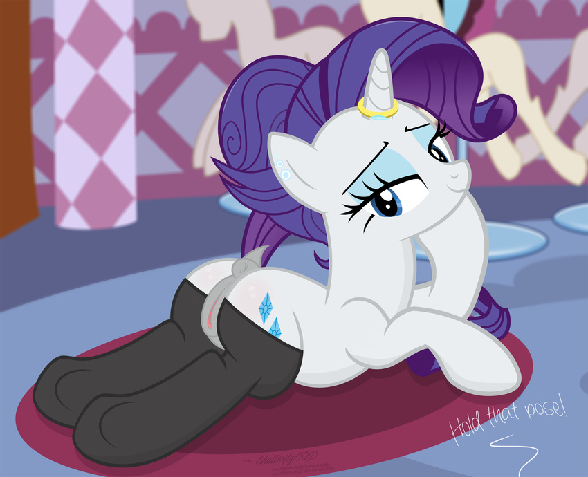 2017 anus bedroom_eyes blue_eyes clitoris clothing cutie_mark equine female feral friendship_is_magic hair half-closed_eyes hi_res horn inside looking_at_viewer looking_back mammal mannequin my_little_pony purple_hair pussy rarity_(mlp) rear_view seductive shutterflyeqd smile solo unicorn unicorn_horn