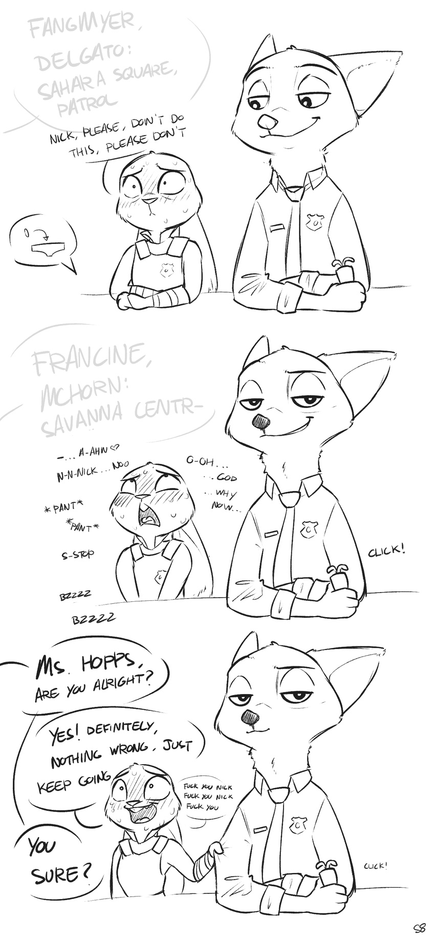 &lt;3 alec8ter anthro black_and_white blush buckteeth canine clothed clothing comic controller dialogue disney duo ears_down embarrassed english_text female fox grin half-closed_eyes hi_res hidden_vibrator humor judy_hopps lagomorph larger_male looking_at_viewer looking_pleasured male male/female mammal monochrome naughty_face nick_wilde no_underwear open_mouth orgasm panties panting police_badge police_uniform rabbit remote_control sex_toy sex_toy_under_clothing signature simple_background size_difference smaller_female smile smirk sound_effects speech_bubble sweat teeth text tongue underwear uniform vibrator white_background zootopia