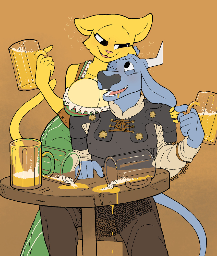 2017 alcohol anthro aodhan armor bartender beer beer_mug beverage big_breasts bovine breasts cattle chainmail cleavage clothed clothing digital_media_(artwork) drunk duo fan_character feline female flirting fur half-closed_eyes kaboozey katia_managan male male/female mammal one_eye_closed prequel simple_background table the_elder_scrolls video_games white_fur yellow_fur