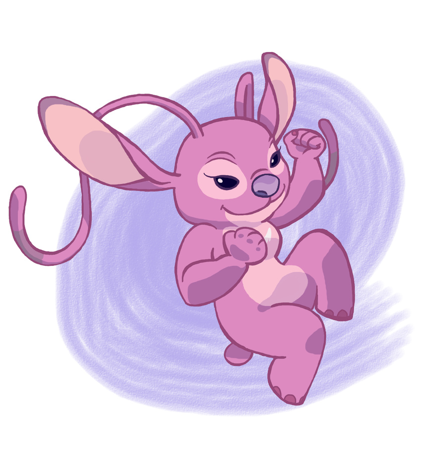 2017 3_toes 4_fingers alien angel_(lilo_and_stitch) antennae breast_markings claws digital_drawing_(artwork) digital_media_(artwork) disney experiment_(species) eyelashes fist fur hi_res lilo_and_stitch markings pink_claws pink_fur pose purple_eyes purple_nose raised_arm simple_background small_tail smile solo toes white_background yem-chan