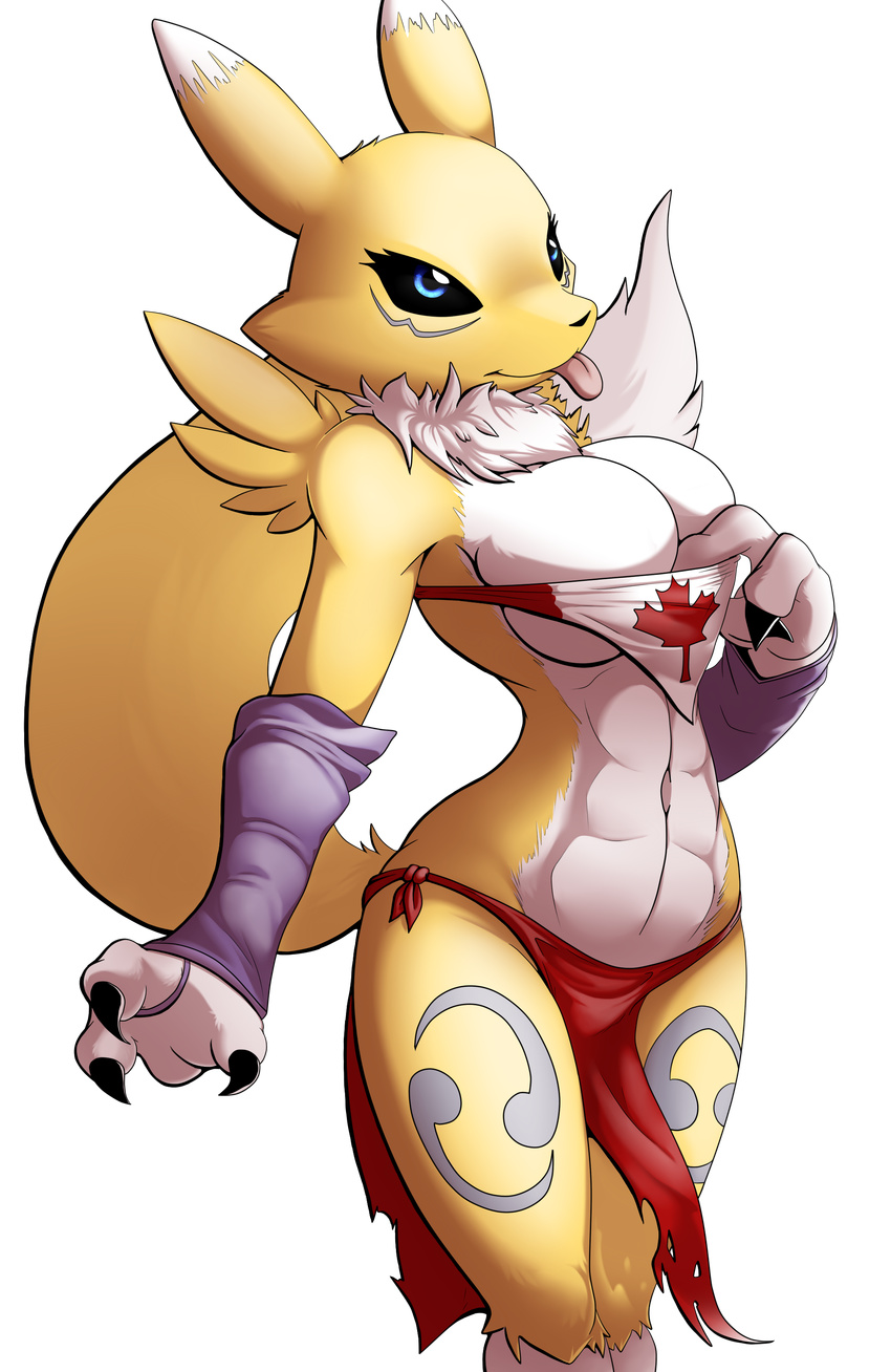 2017 abs alpha_channel anthro armwear black_sclera breasts bridal_gauntlets canada canine claws cleavage clothed clothing colored digimon edit female fur hi_res loincloth mammal midriff navel neck_tuft renamon simple_background skimpy slashysmiley solo teasing tongue tongue_out transparent_background tuft under_boob