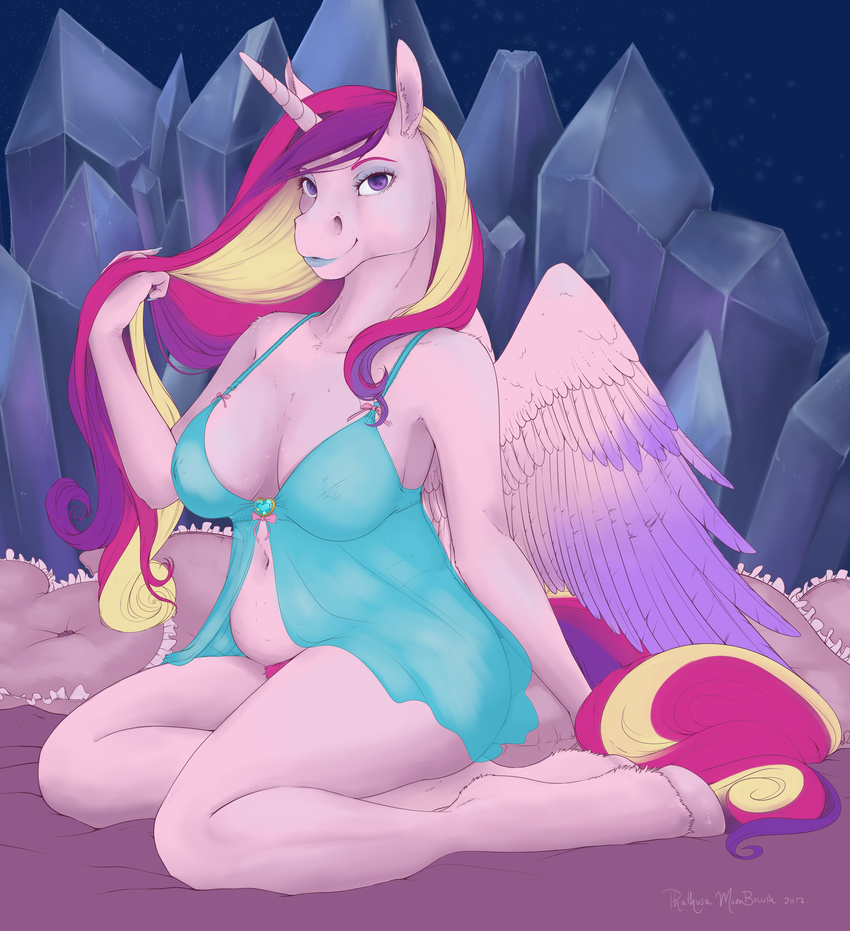 2017 absurd_res anthro anthrofied blue_lipstick clothing equine eyeshadow female friendship_is_magic hi_re hi_res horn kneeling lingerie lipstick looking_at_viewer makeup mammal my_little_pony phathusa pose princess_cadance_(mlp) purple_eyes slightly_chubby solo winged_unicorn wings