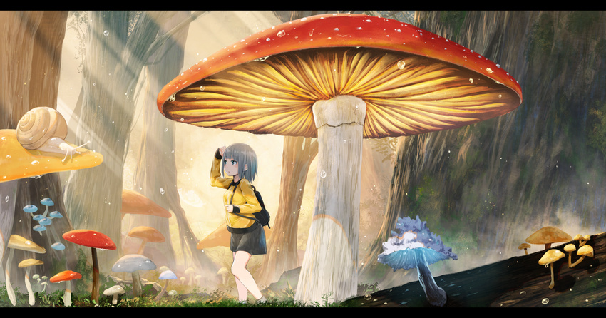akky_(akimi1127) animal backpack bag bangs black_skirt blue_eyes blush dew_drop expressionless eyebrows_visible_through_hair from_side grey_hair highres holding_strap jacket letterboxed light_rays long_sleeves looking_afar looking_away md5_mismatch minigirl morning moss mushroom nature original outdoors pencil_skirt revision shading_eyes short_hair silver_hair skirt sleeves_past_wrists snail socks solo sunbeam sunlight sunrise tree walking water_drop yellow_jacket