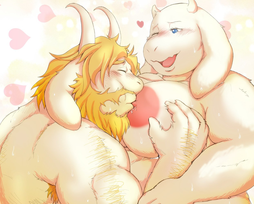 1boy 1girl artist_request asgore)dreemurr blonde_hair facial_hair furry goat nipple_sucking toriel undertale