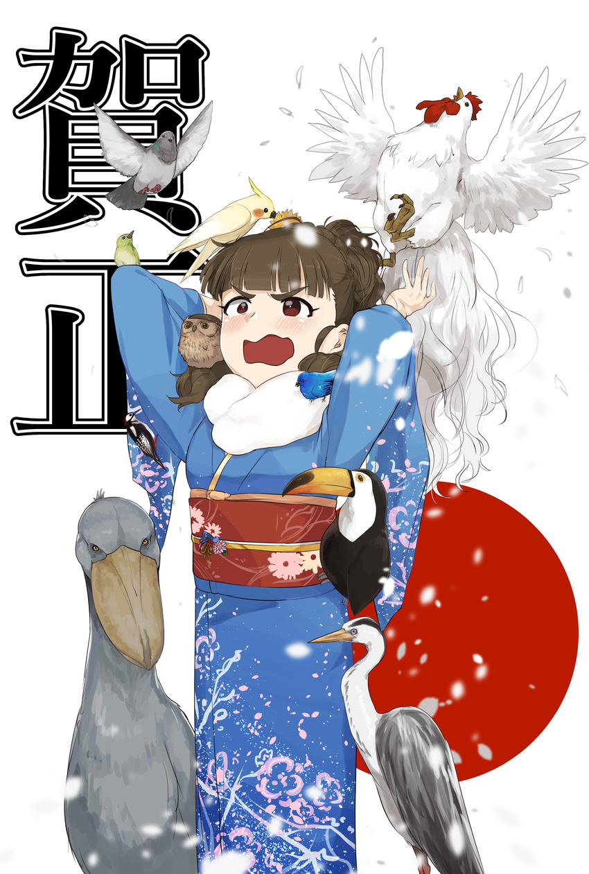:o absurdres animal ao_(aocooler) arms_up bangs bird blue_kimono blunt_bangs blush brown_eyes brown_hair chicken cockatoo commentary_request crane_(animal) eyebrows flag_background flower hair_flower hair_ornament highres idolmaster idolmaster_cinderella_girls japanese_clothes japanese_flag kamiya_nao kimono long_hair long_sleeves nengajou new_year obi open_mouth owl pigeon rooster sash shoebill v-shaped_eyebrows wavy_mouth