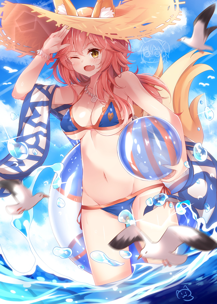 ;d animal_ears animal_print arm_up ball beachball bikini bird blue_bikini blue_sky bracelet breasts cleavage cloud collarbone day ears_through_headwear eyebrows_visible_through_hair fang fate/grand_order fate_(series) fox_ears fox_tail fujimaru_ritsuka_(female) groin hat highres holding innertube jewelry large_breasts lens_flare long_hair looking_at_viewer motion_blur nahaki navel necklace one_eye_closed open_mouth outdoors pink_hair riyo_(lyomsnpmp)_(style) side-tie_bikini signature sky smile solo sparkle standing straw_hat sun_hat swimsuit tail tamamo_(fate)_(all) tamamo_no_mae_(fate) tamamo_no_mae_(swimsuit_lancer)_(fate) v-shaped_eyebrows wading water water_drop yellow_eyes