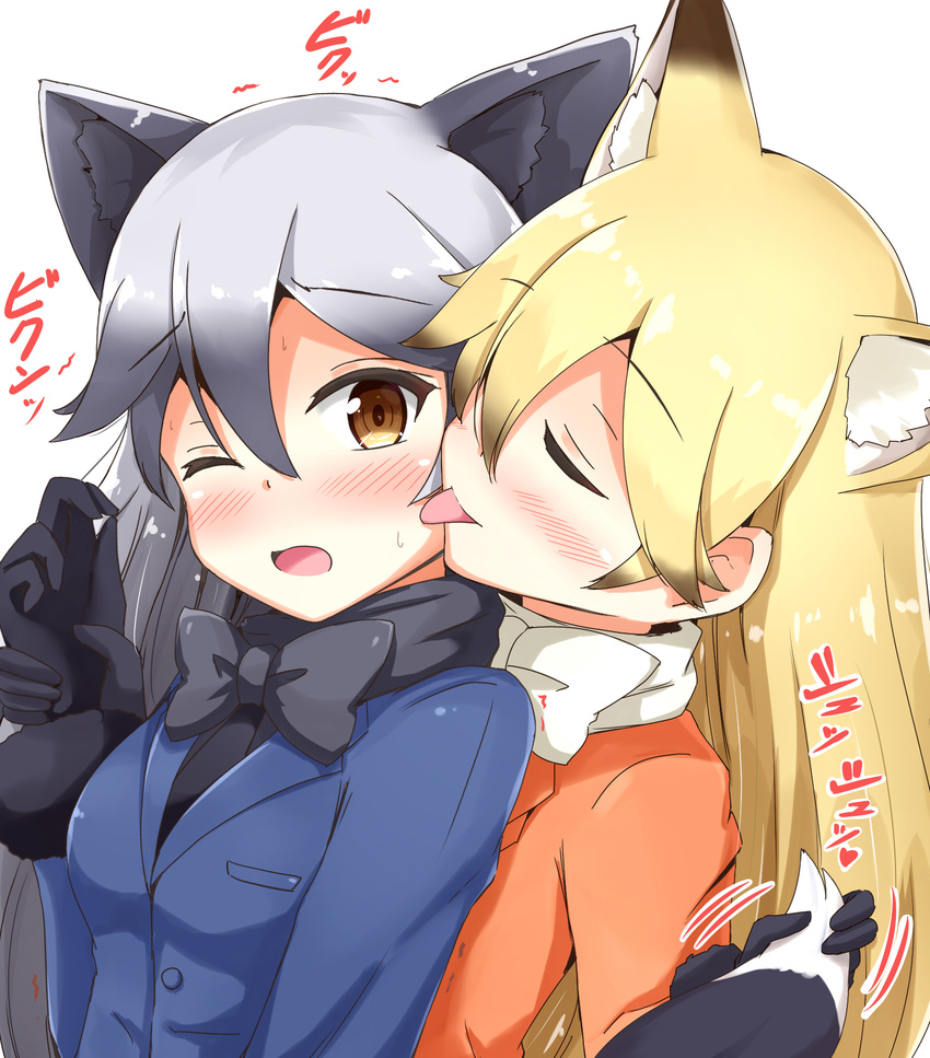 ;o aikawa_ryou animal_ears black_bow black_gloves black_neckwear blonde_hair blush bow bowtie brown_eyes closed_eyes commentary ezo_red_fox_(kemono_friends) fox_ears fox_tail gloves grey_hair highres kemono_friends licking long_hair multiple_girls one_eye_closed open_mouth silver_fox_(kemono_friends) tail tail_fondling tail_grab tongue tongue_out white_bow white_neckwear wince yuri