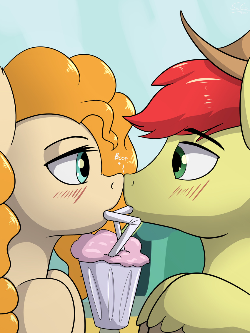 2017 blush bright_mac_(mlp) drinking duo earth_pony equine eye_contact female feral friendship_is_magic hair horse mammal my_little_pony outside pear_butter_(mlp) pony sky stargazer