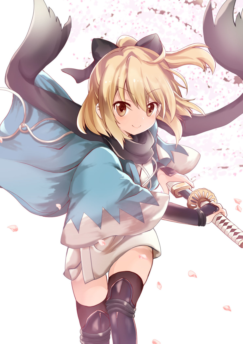 bangs black_bow black_legwear black_scarf blonde_hair bow bracer brown_eyes closed_mouth commentary eyebrows_visible_through_hair fate_(series) hair_bow highres holding holding_sword holding_weapon japanese_clothes katana kimono looking_at_viewer massala md5_mismatch okita_souji_(fate) okita_souji_(fate)_(all) petals scarf sheath shinsengumi short_hair smile solo standing sword thighhighs unsheathing weapon