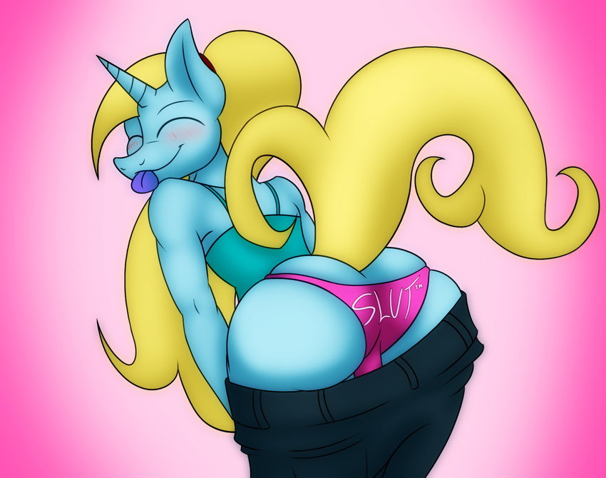 2013 anthro anthrofied ass_up bent_over blonde_hair blush butt clothed clothing crossdressing digital_media_(artwork) english_text equine eyes_closed fan_character hair horn jrvanesbroek looking_back male mammal my_little_pony panties shirt solo tank_top text tongue tongue_out trademark twinkle_pop_(oc) underwear unicorn