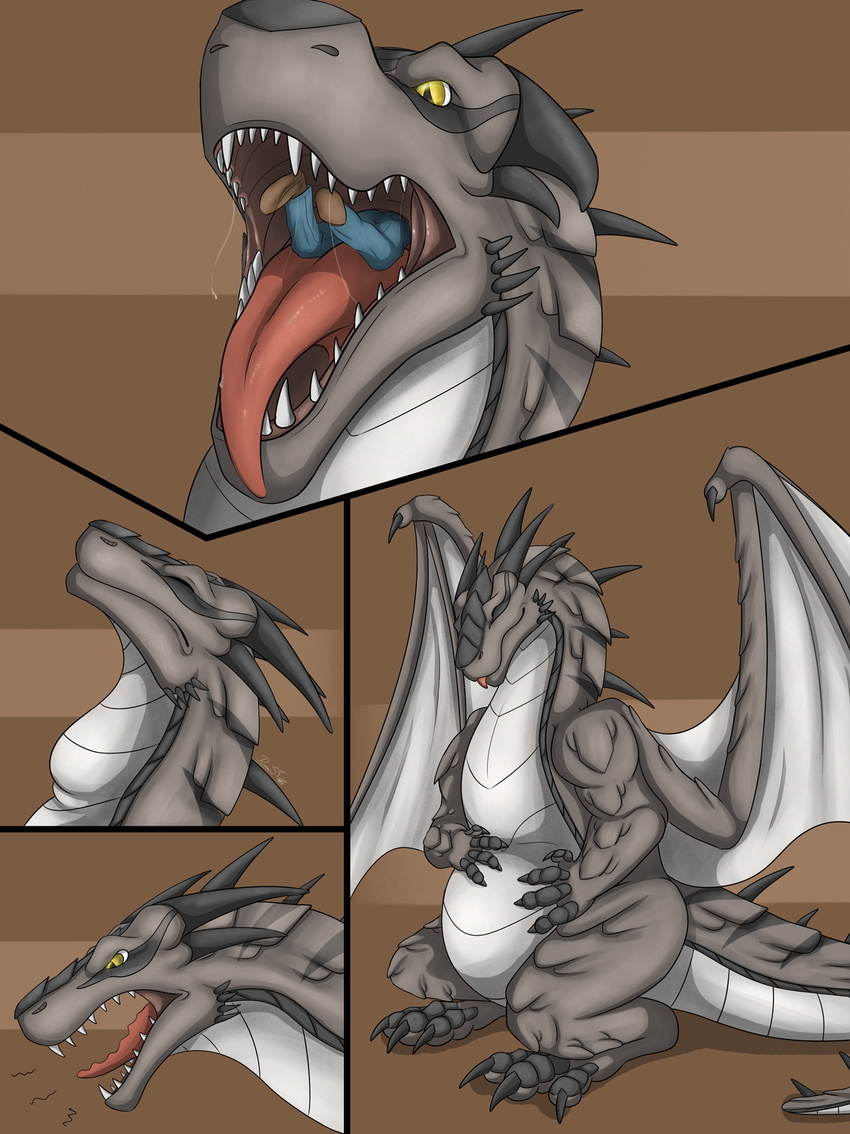 2017 3_toes belly burping clothed clothing comic dragon drooling eyes_closed feral hi_res human mammal neck_bulge open_mouth rimentus saliva saliva_string scalie sharp_teeth size_difference slit_pupils smile teeth toes tongue tongue_out vore wings yellow_eyes