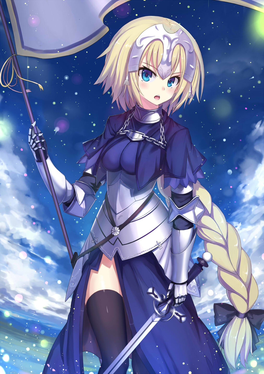armor bad_id bad_pixiv_id blonde_hair blue blue_eyes breasts echj eyebrows_visible_through_hair fate/apocrypha fate_(series) flag headpiece highres holding holding_flag holding_sword holding_weapon jeanne_d'arc_(fate) jeanne_d'arc_(fate)_(all) large_breasts looking_at_viewer parted_lips short_hair short_sleeves solo sword teeth weapon
