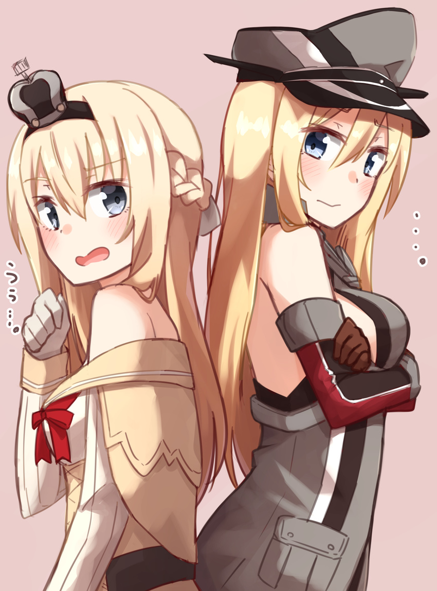 back-to-back bare_shoulders bismarck_(kantai_collection) blonde_hair blue_eyes blush braid breastplate breasts brown_gloves crown french_braid gloves hairband hat highres kantai_collection kapatarou long_hair medium_breasts military military_hat military_uniform mini_crown multiple_girls off_shoulder open_mouth peaked_cap uniform warspite_(kantai_collection)