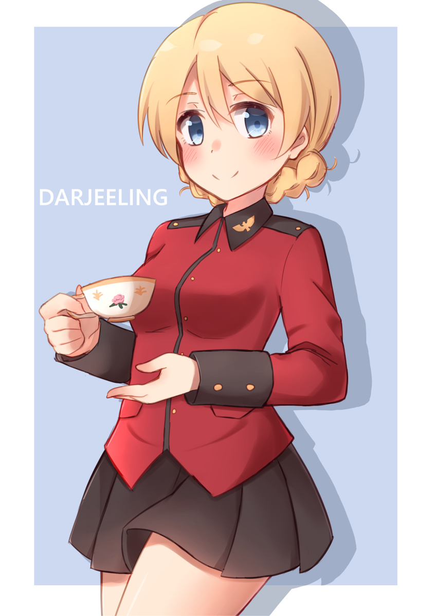 bangs black_skirt blonde_hair blue_background blue_eyes blush braid character_name closed_mouth cowboy_shot cup darjeeling epaulettes girls_und_panzer highres holding holding_cup jacket kapatarou long_sleeves looking_at_viewer military military_jacket military_uniform miniskirt outside_border pleated_skirt red_jacket shadow short_hair skirt smile solo st._gloriana's_military_uniform swept_bangs teacup thighs tied_hair twin_braids uniform