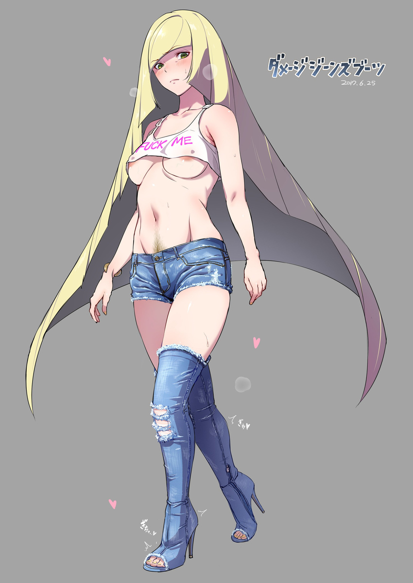 absurdres areolae bangs bare_arms bare_shoulders blonde_hair blue_footwear blunt_bangs blunt_ends blush boots breasts clothes_writing colored_pubic_hair cutoffs dated denim denim_boots denim_shorts english fuck-me_shirt green_eyes grey_background high_heel_boots high_heels highres iku_(ikuchan_kaoru) large_breasts long_hair looking_at_viewer lusamine_(pokemon) meme_attire midriff nail_polish navel no_bra open_toe_boots open_toe_shoes pokemon pokemon_(game) pokemon_sm profanity pubic_hair ripped_jeans short_shorts shorts simple_background solo sweat thigh_boots thighhighs toenail_polish very_long_hair walking yellow_nails