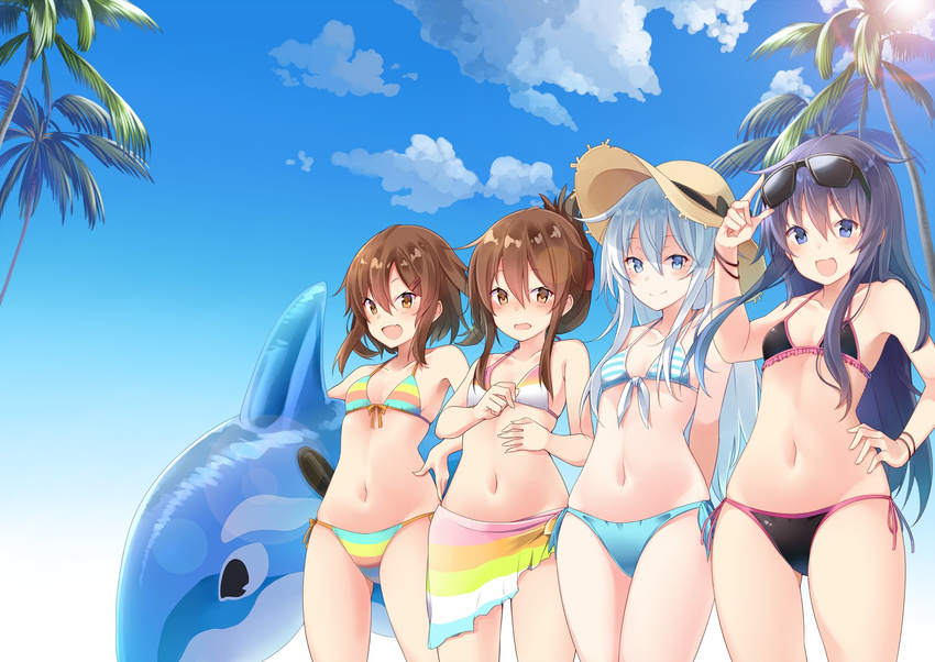 :d akatsuki_(kantai_collection) arms_behind_back ass_visible_through_thighs bikini black_bikini blue_eyes blue_sky breasts brown_eyes brown_hair closed_mouth cowboy_shot day eyewear_on_head fang folded_ponytail front-tie_bikini front-tie_top hair_between_eyes hand_on_headwear hand_on_hip hat hibiki_(kantai_collection) highres ikazuchi_(kantai_collection) inazuma_(kantai_collection) inflatable_orca inflatable_toy kantai_collection lens_flare long_hair matsunoki_(unknown_751) mismatched_bikini multicolored multicolored_bikini multicolored_clothes multicolored_stripes multiple_girls navel open_mouth outdoors palm_tree purple_hair side-tie_bikini sidelocks silver_hair sky small_breasts smile straw_hat string_bikini striped striped_bikini sun_hat sunglasses sunlight swimsuit tree wristband
