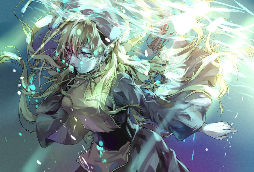 bangs black_dress blonde_hair breasts bubble caustics chinese_clothes dress hair_between_eyes hat highres hips junko_(touhou) kagari6496 large_breasts long_hair long_sleeves looking_down parted_lips red_eyes ribbon shiny shiny_hair solo submerged tabard touhou underwater upper_body very_long_hair wide_sleeves