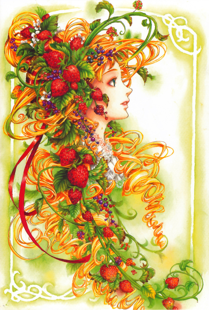 absurdres aqua_eyes berries blonde_hair blue_eyes border colorful copyright_request curly_hair eyeliner flower food food_themed_hair_ornament from_side fruit hair_ornament highres lace_trim lips long_hair looking_away makeup nao_tsukiji parted_lips plant portrait profile solo source_request strawberry strawberry_blossoms strawberry_hair_ornament