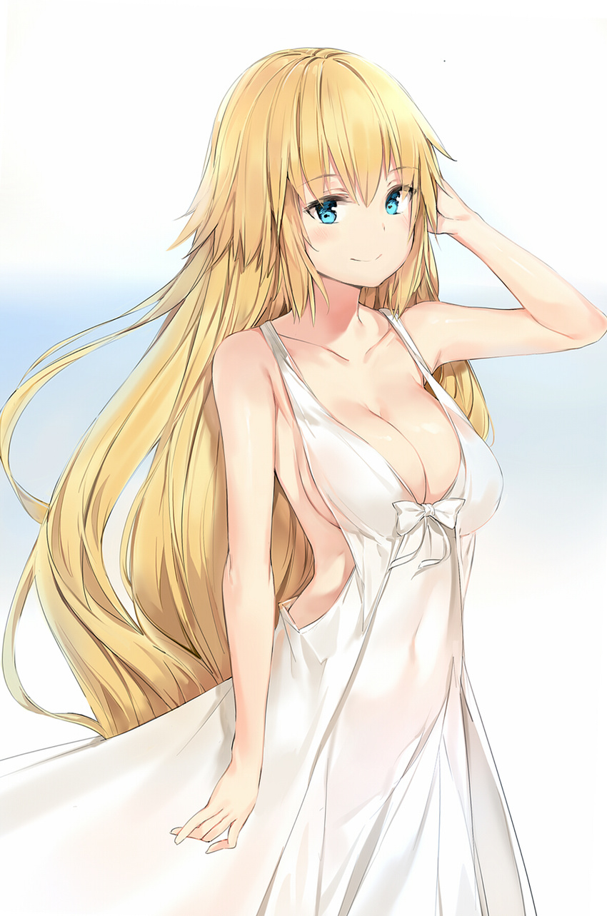 arm_up backless_outfit bare_shoulders blonde_hair blue_eyes breasts casual cleavage closed_mouth collarbone dress eyebrows_visible_through_hair fate/apocrypha fate/grand_order fate_(series) highres jeanne_d'arc_(fate) jeanne_d'arc_(fate)_(all) large_breasts light_smile long_hair looking_at_viewer silver_(chenwen) smile solo white_dress