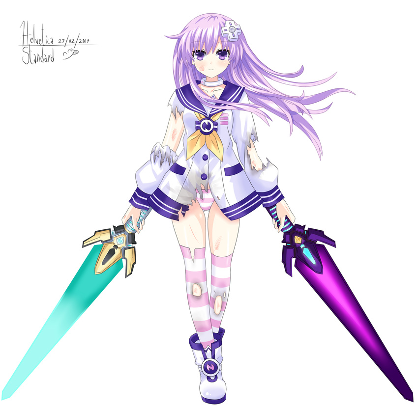 1girl blush clavicle collar d-pad dress dual_swords grass hair_ornament helvetica_5tandard highres holding_weapon long_hair looking_at_viewer nepgear neptune_(series) pink_hair purple_eyes purple_hair shoes standing sword thighhighs torn_clothes weapon