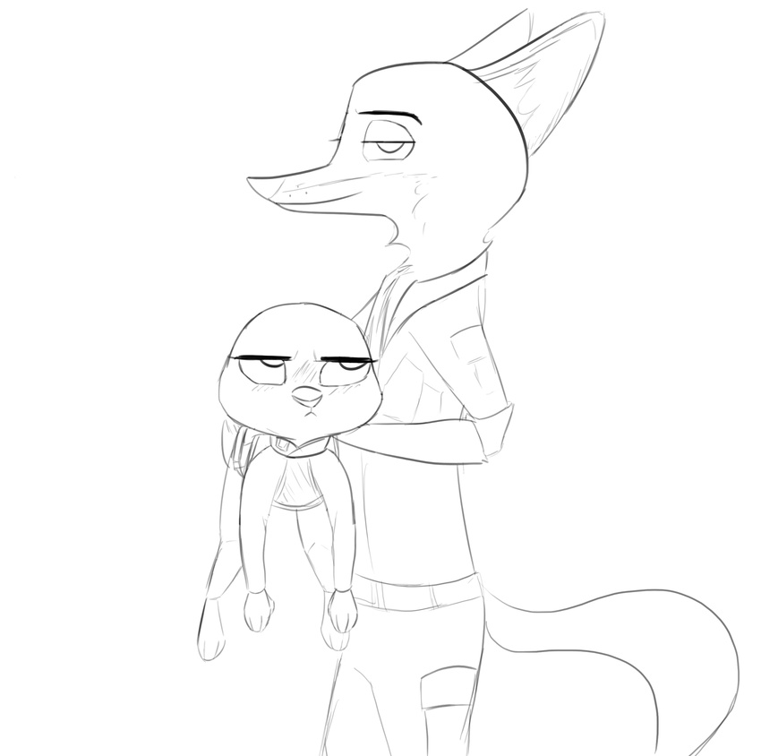 2017 anthro belt black_and_white blush canine carrying clothed clothing disney duo female fox half-closed_eyes judy_hopps lagomorph looking_at_viewer male mammal monochrome nick_wilde police_uniform rabbit side_view simple_background smile uniform white_background yitexity zootopia