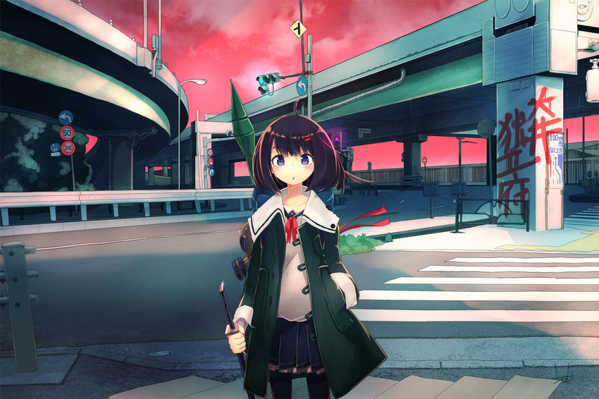 black_hair blue_skirt eyebrows_visible_through_hair graffiti holding holding_sword holding_weapon looking_at_viewer original pantyhose parted_lips purple_eyes red_sky road road_sign saebashi short_hair sign skirt sky solo sword traffic_light weapon