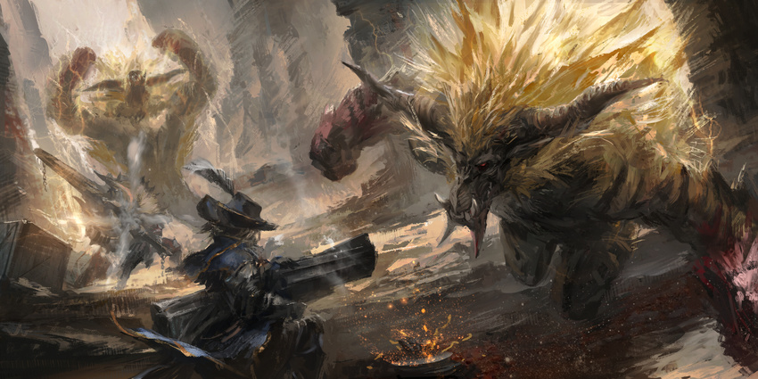 ape armor arms_up battle blonde_hair bowgun canyon chain charge_blade clenched_hands day electricity fighting_stance fur gauntlets group_battle gun hat hat_feather highres holding holding_gun holding_shield holding_sword holding_weapon horns huge_weapon monster monster_hunter outdoors rajang red_eyes sharp_teeth shield smoke sparks standing steam stu_dts sword teeth weapon
