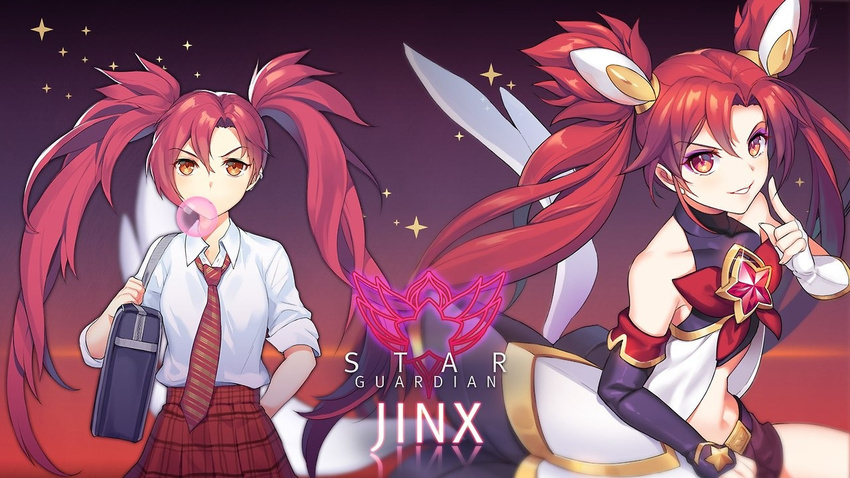 1girl alternate_costume alternate_hair_color alternate_hairstyle bare_shoulders bow bubblegum fingerless_gloves gloves hair_ornament jinx_(league_of_legends) league_of_legends lipstick magical_girl red_bow red_bowtie red_hair school_uniform skirt star_guardian_jinx tied_hair twintails very_long_hair