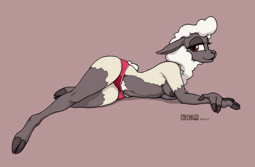3_fingers anthro breasts caprine clothed clothing ecmajor hooves jewene lying mammal navel nipples panties pink_background red_eyes sheep simple_background smile topless underwear