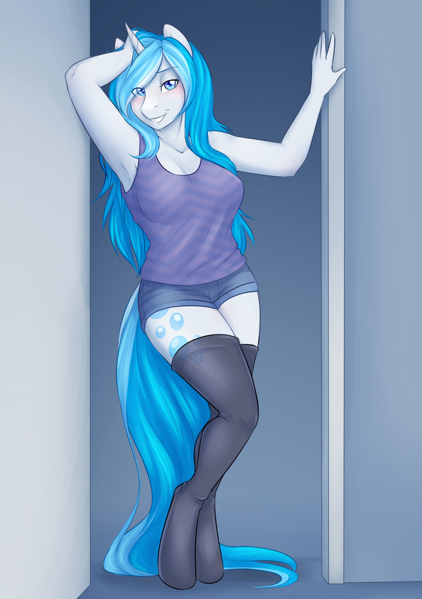 2016 absolute_territory absurd_res anthro askbubblelee blue_hair blush breasts bubble_lee_(character) cat-named-fish cleavage clothed clothing cutie_mark equine eyebrows eyelashes fan_character female freckles hair hand_on_head hi_res horn legwear long_hair mammal my_little_pony pose shorts solo standing stockings thigh_highs underwear unicorn