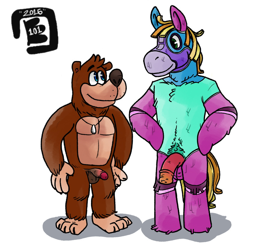 2016 3_toes 4_fingers anatomically_correct anatomically_correct_penis animal_genitalia animal_penis animate_inanimate anthro balls banjo-kazooie banjo_(banjo-kazooie) bear belly big_nose biped black_claws black_nose blonde_hair blue_eyes blue_fur body_hair bowserboy101 brown_balls brown_fur brown_penis chest_tuft claws crossover digital_drawing_(artwork) digital_media_(artwork) duo equine equine_penis eye_contact featureless_feet featureless_hands featureless_limbs feet flaccid fluffy freckles front_view full-length_portrait fur gloves_(marking) green_eyes green_fur hair half-erect hand_on_hip happy_trail head_tuft hi_res horse horstachio hudson_horstachio humanoid_feet humanoid_hands humanoid_penis imminent_sex interspecies jewelry leg_tuft male mammal mane markings mask_(marking) medial_ring multicolored_penis musclegut muscular muscular_male necklace nude orange_penis partially_retracted_foreskin penis penis_size_difference pi&ntilde;ata pink_balls pink_fur pink_penis pink_stripes plantigrade portrait purple_fur purple_stripes raised_eyebrow red_penis shark_tooth shark_tooth_necklace simple_background smile socks_(marking) standing stripes tan_fur toes tuft two_tone_penis uncut video_games viva_pinata watermark white_background white_stripes yellow_fur yellow_mane yellow_tail