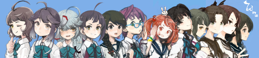 6+girls ahoge animal animal_on_head ayanami_(kantai_collection) bangs blue_background blush bow bowtie bunny closed_mouth eyebrows_visible_through_hair fang fujinami_(kantai_collection) fujinozu glasses hair_bobbles hair_ornament hamanami_(kantai_collection) hayanami_(kantai_collection) highres isonami_(kantai_collection) kantai_collection kishinami_(kantai_collection) long_hair long_image looking_at_viewer looking_away multiple_girls naganami_(kantai_collection) okinami_(kantai_collection) on_head open_mouth ribbon sailor_collar salute sazanami_(kantai_collection) school_uniform serafuku shikinami_(kantai_collection) shirt short_hair smile sweat takanami_(kantai_collection) trait_connection upper_body uranami_(kantai_collection) white_shirt wide_image