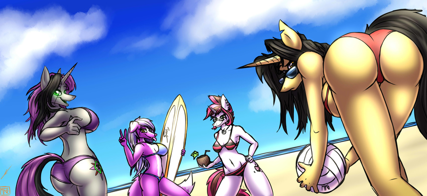 2015 absurd_res amber_steel anthro anthrofied aura_spark bikini breasts butt cleavage clothed clothing cutie_mark equine fan_character group hi_res horn mammal metalfoxxx my_little_pony skuttz_(oc) splitsy surfboard swimsuit unicorn