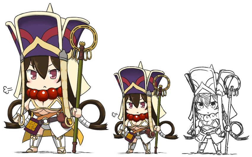:&lt; breasts brown_hair chibi closed_mouth fate/grand_order fate_(series) full_body gourd hair_rings hamu_koutarou hat highres large_breasts long_hair purple_eyes revealing_clothes shakujou staff standing v-shaped_eyebrows white_background xuanzang_(fate/grand_order)